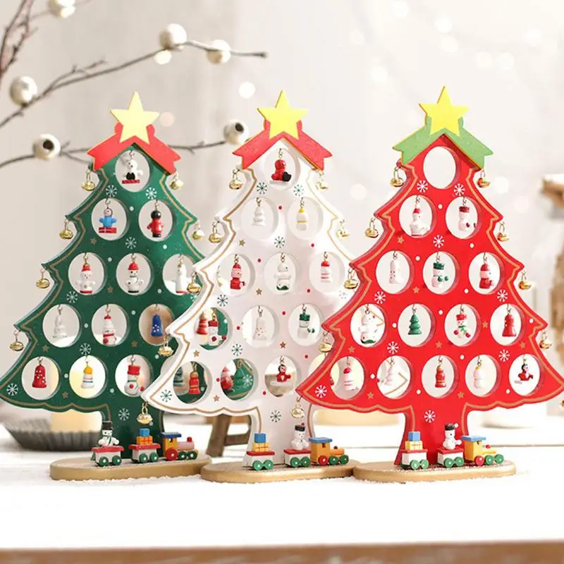 

Creative Colorful Mini Wooden Christmas Tree Desktop Decoration With Small Ball Pendant Snowman Ornament For Toy DIY Gift