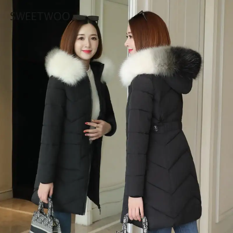 2020 Winter Jacket Women Parka Fur Collar Casual Hooded Slim Long Coat Fashion Female Jacket Cotton Padded Warm Outwear 8 Color