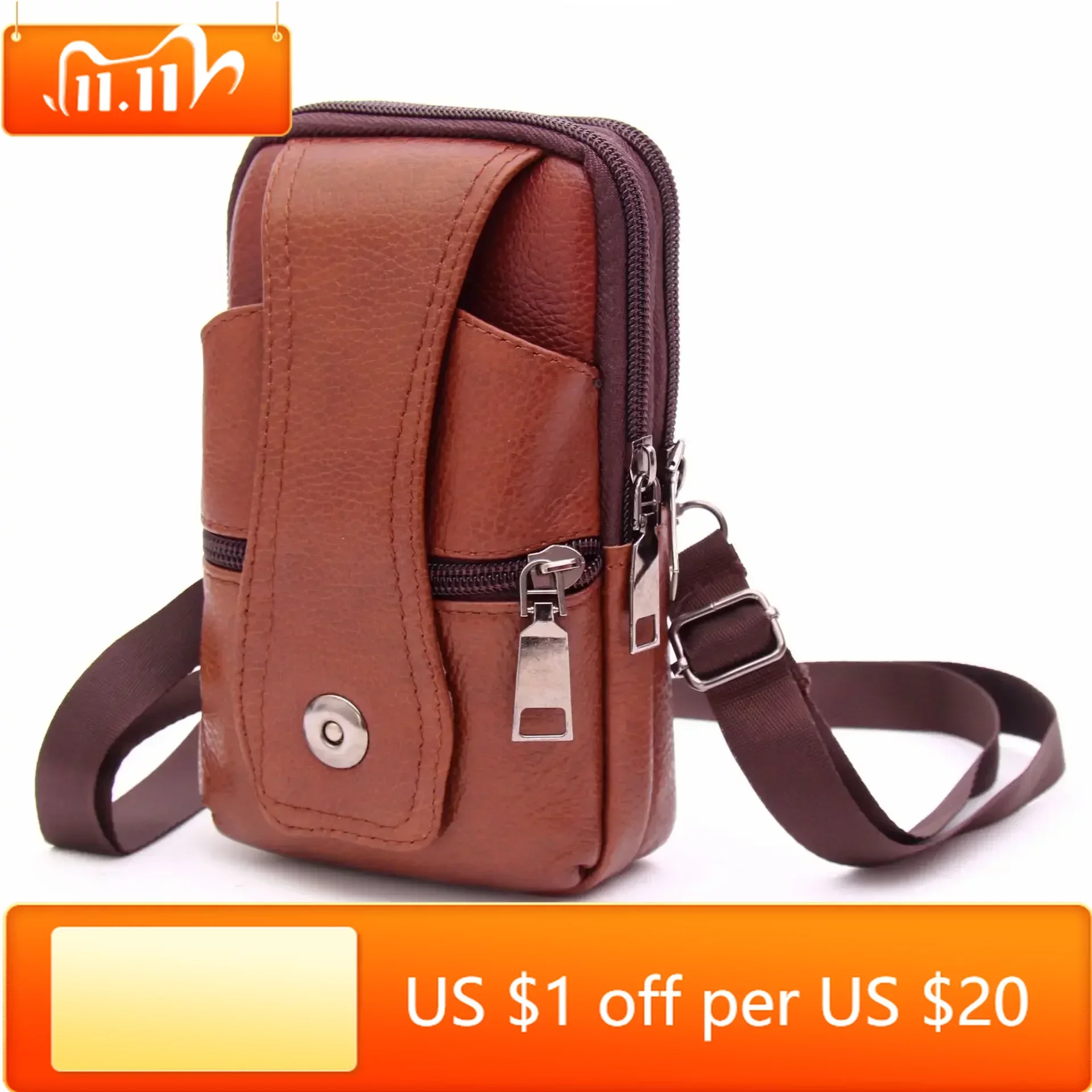 

Men Leather Waist Bag Large Capacity Belt Bag Brown Shoulder Bags Crossbody Bags Multi-layer Buckle Mobile Phone Bag Bum Pouch