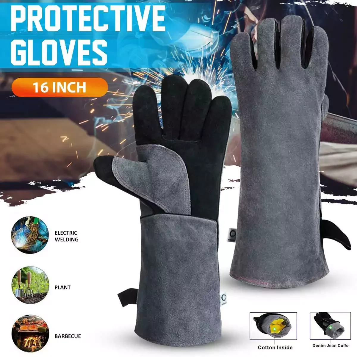 

Welding Gloves For Welder works with Blue Palm Welders Thick Cow Split Leather Kitchen Stove Heat Puncture Resistant BBQ Glove