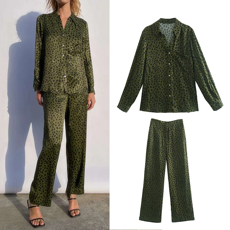 

Spring 2022 Women Animal Print 2 Piece Set Long Sleeve Single Breasted Loose Shirt High Waist Long Pants Lady Chic Outfit