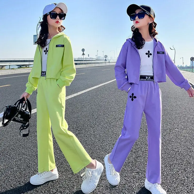 

2023 New Korean Style Tracksuit Children Chothing Set 3 Pcs Boutique Outfits Spring Autumn Solid Coat Sportswear for Kids Girls