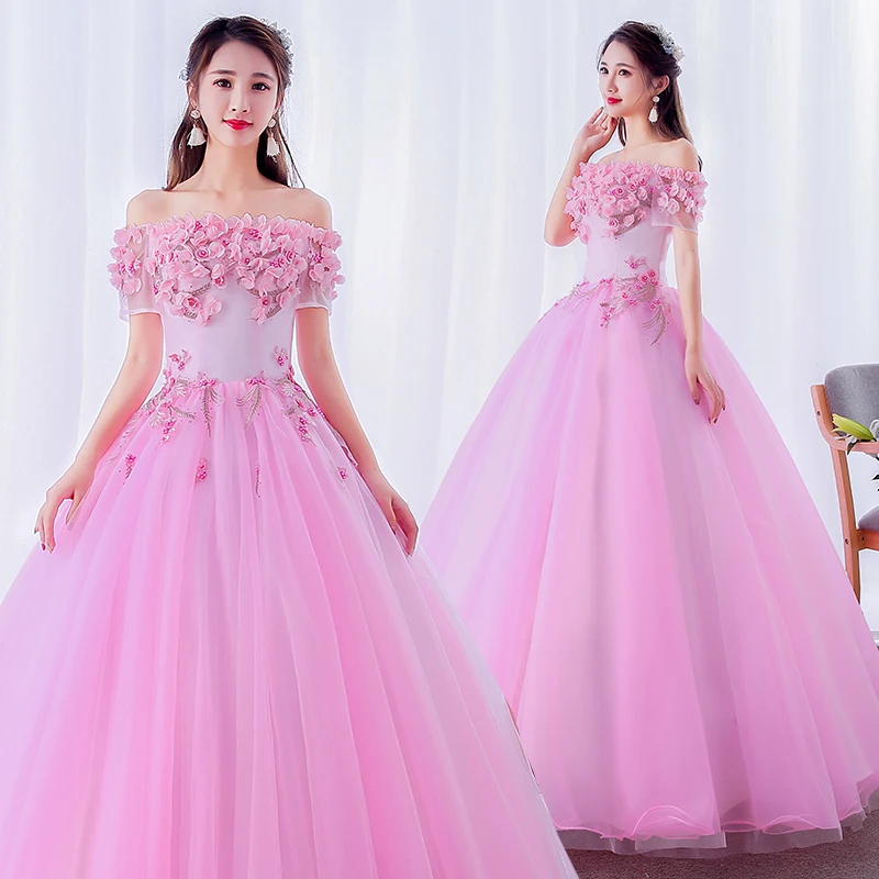 

Classic Off The Shoulder Vestido De Quincenera Flower Fairy Elegant Puffy Dresses For Prom Pink Tulle Ball Gown Dress Plus Size