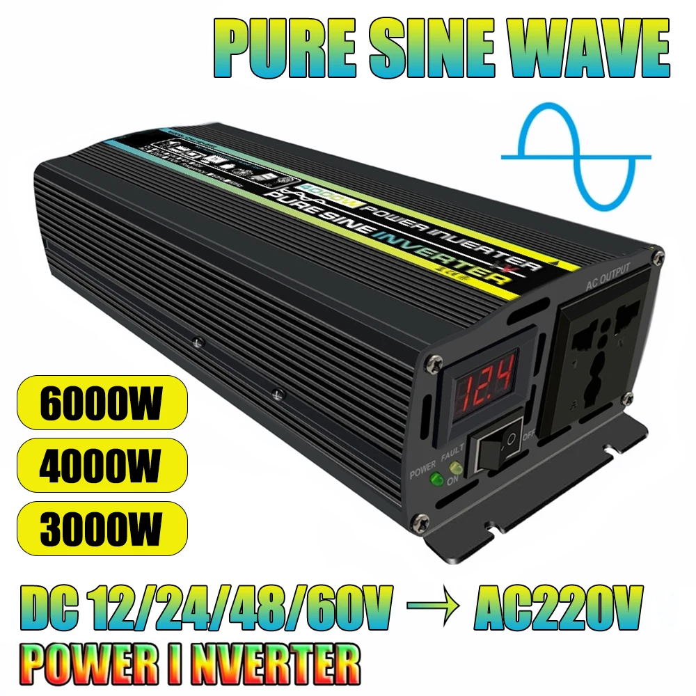 

Pure Sine Wave Power Inverter 12V/24V/48V/60V TO 220V Voltage Converter 6000/4000/3000W Car Intelligent Digital Display Inverter