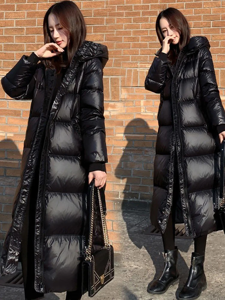 Black Glossy Parka Coat Women's 2022 Fashion Thicken Winter Hooded Loose Long Jacket Female Windproof Rainproof Warm Outwear