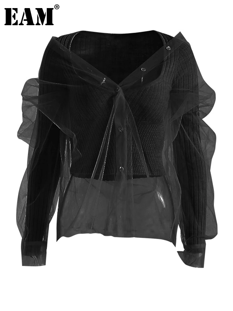 

[EAM] Black Mesh Elegant Knitting Sweater Loose Fit V-Neck Long Sleeve Women Pullovers New Fashion Autumn Winter 2023 1DF3854