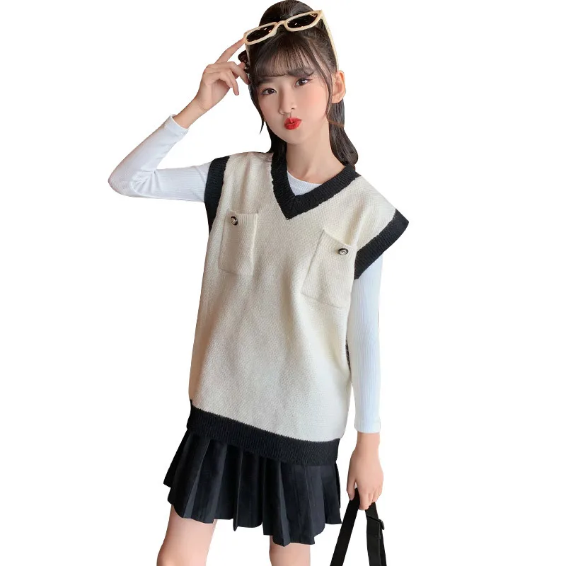 

4-12 Years Girls Knit Vests Spring Autumn Fashion Children Knitted Sleeveless Waistcoat Korean Teenage V-neck Sweater Clothes