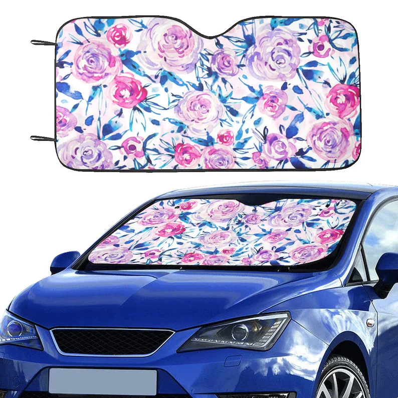 

Watercolor Flowers Sun Windshield, Floral Pastel Pink Car Accessories Auto Shade Protector Window Visor Screen Cover Decor 55" x