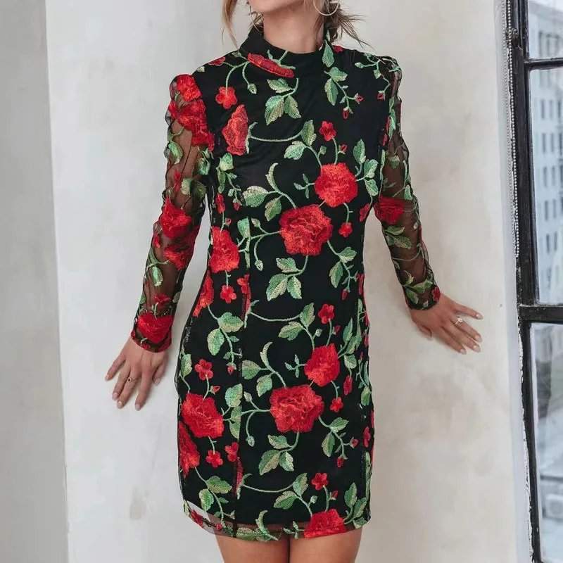 

Женское платье с высоким воротником и длинным рукавом, привлекательное Сетчатое прозрачное жаккардовое короткое платье, модное облегающее женское платье