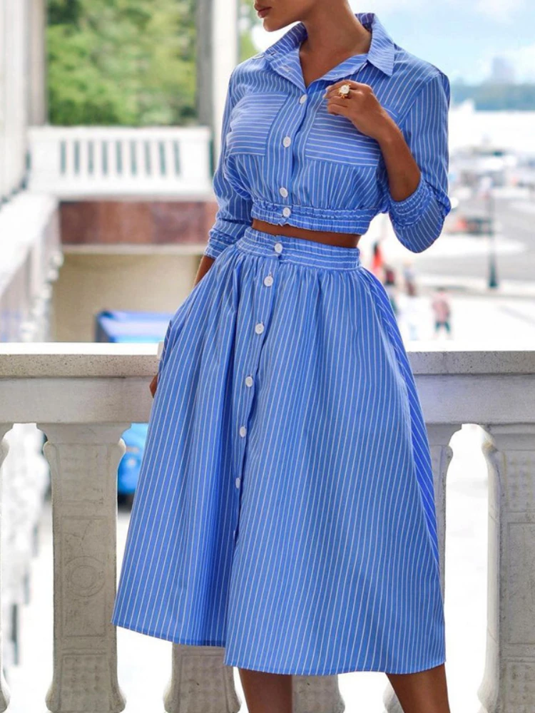 

2023 New Fashion Spring and Autumn Temperament Long Sleeve Striped Shirt Suit Skirt Two-piece Suit Women Sets