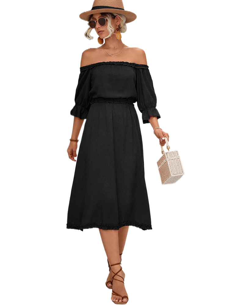 

Элегантное летнее пляжное платье с оборками, Женские однотонные повседневные платья-трапеции средней длины в стиле бохо, вечернее платье с вырезом лодочкой и открытыми плечами