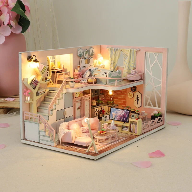 

3D Diy Doll House Kit Dollhouse Accessories with Dust Cover Smart Fun House Diy House Creative Wooden Dollhouse Handmade Gifts