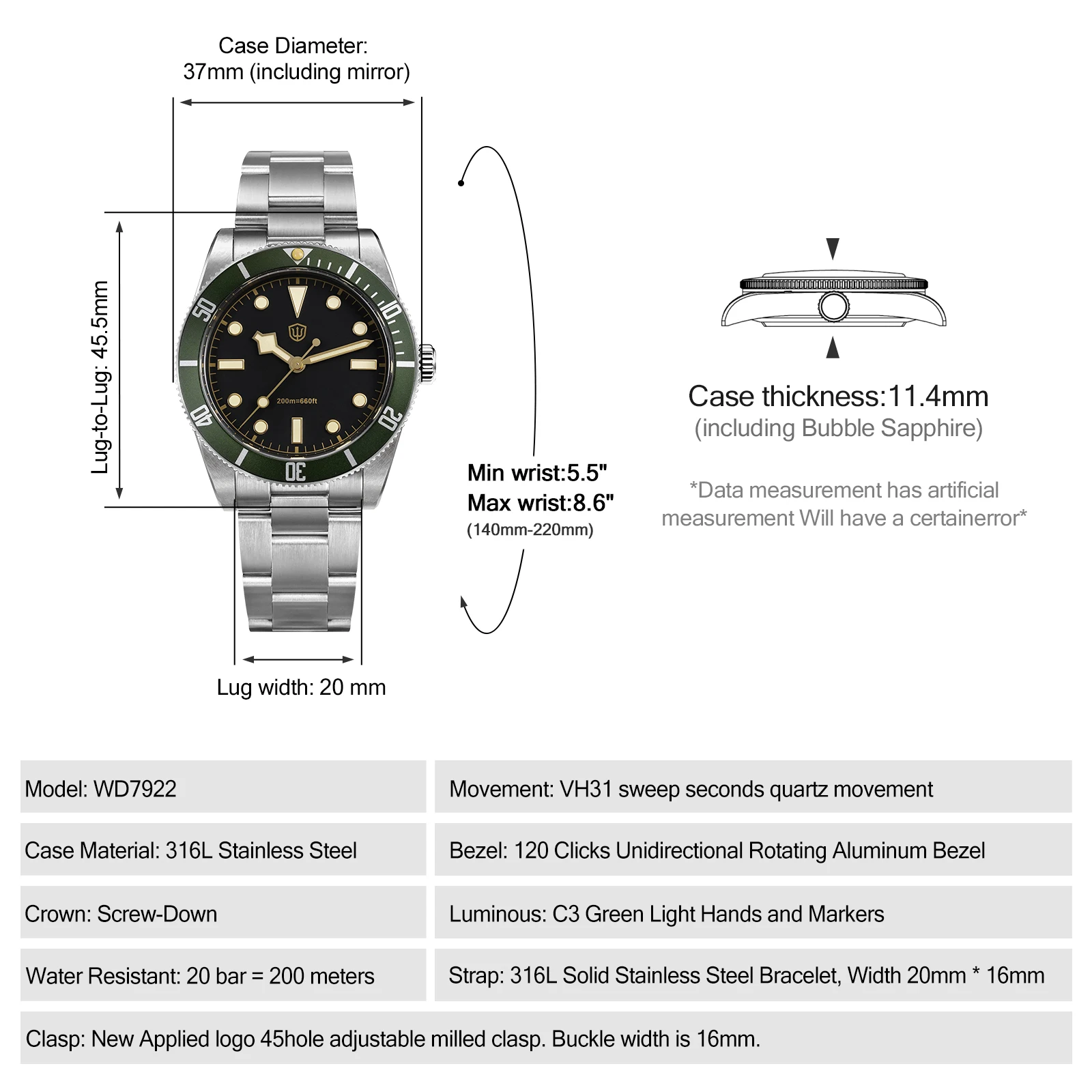 Фото Новые часы Watchdives WD7922, 37 мм, винтажные часы для дайвинга, VH31, кварцевые, с сапфировым стеклом AR, C3/BGW9, светящиеся, водонепроницаемые до 200 м, мужские наручные часы из стали 316L №5