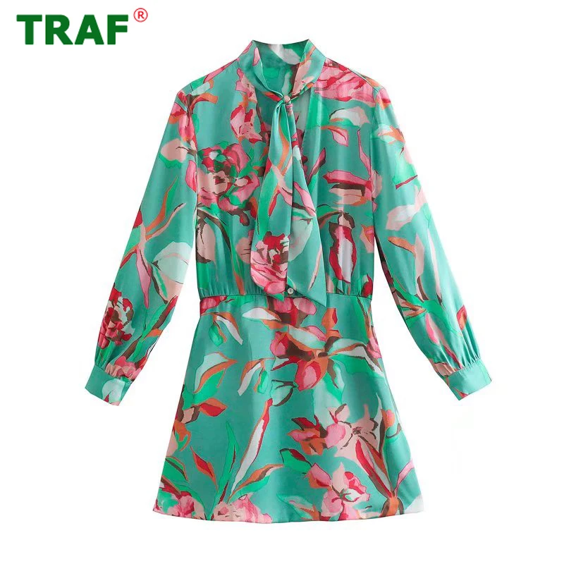

TRAF Floral Short Dress Women Zar Print Office Dress Woman Summer Pleated Female Dress Bowknot Long Sleeve Mini Dresses Ladies