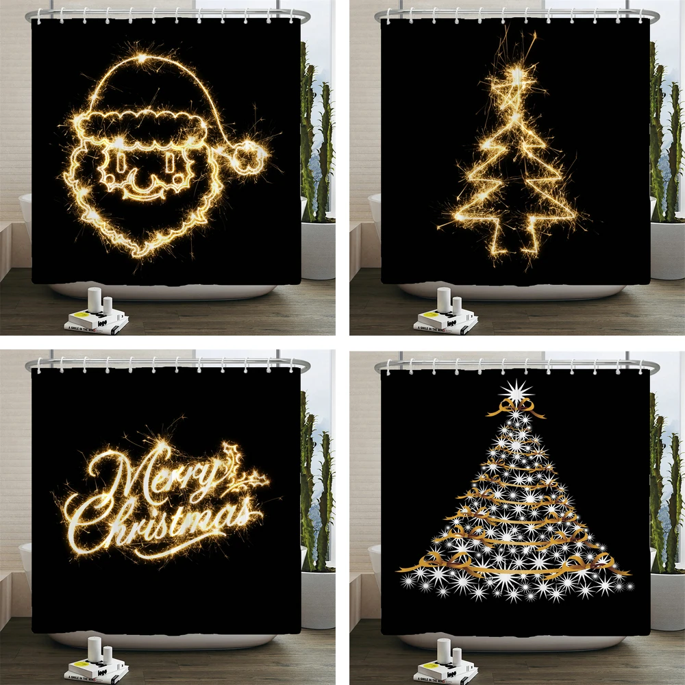 

Merry Christmas Shower Curtains Snowman Santa Claus Christmas Tree Print Bathroom Curtain Waterproof Polyester Fabric with Hooks
