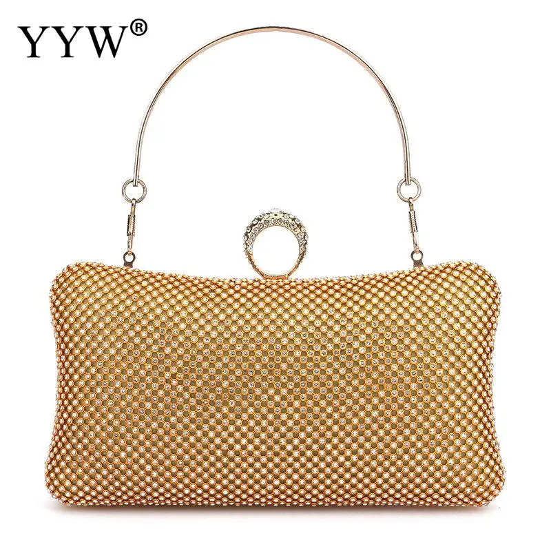 Luxury Rhinestone Beads Lady Evening Prom Handbag Diamond Ring Clutch Messenger Bag with Handle Elegant Women Metal Chain Purse