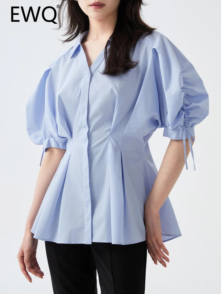 

Блузка женская шифоновая со складками, коротким рукавом и отворотом, 26D4479