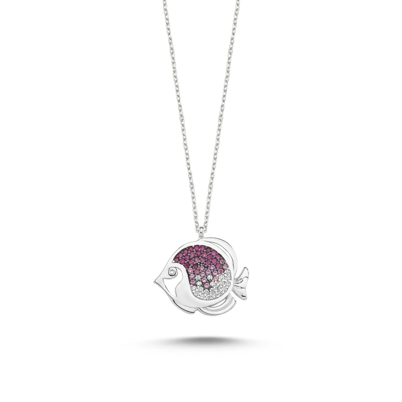 

Silver 925 Sterling Pink Grayscale Zircon Fish Necklace