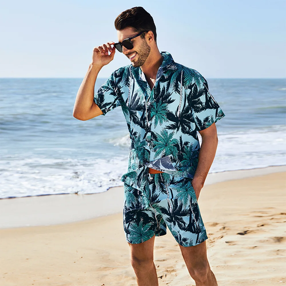 Men's Holiday Shirt Set Beachwear Button Lapel Suit Hawaiian Style 3D Printed Coconut Tree Pattern Male Fashion Outfit Plus Size