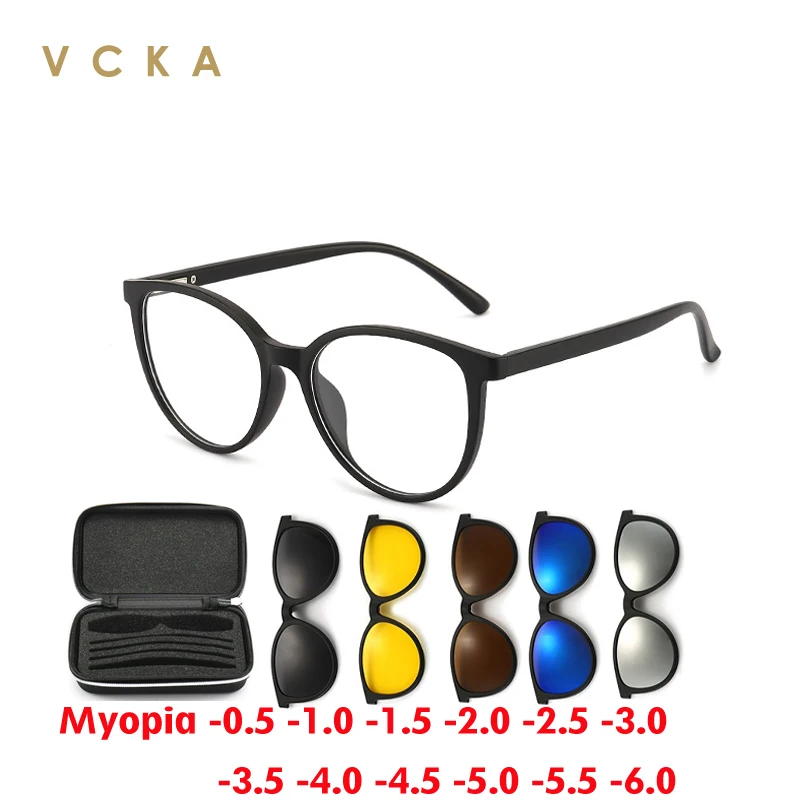 VCKA 6 In1 Fashion Round Women Glasses Magnetic Clip Myopia Sunglasses Frames Polarized Custom Prescription Eyewear -0.5 to -6.