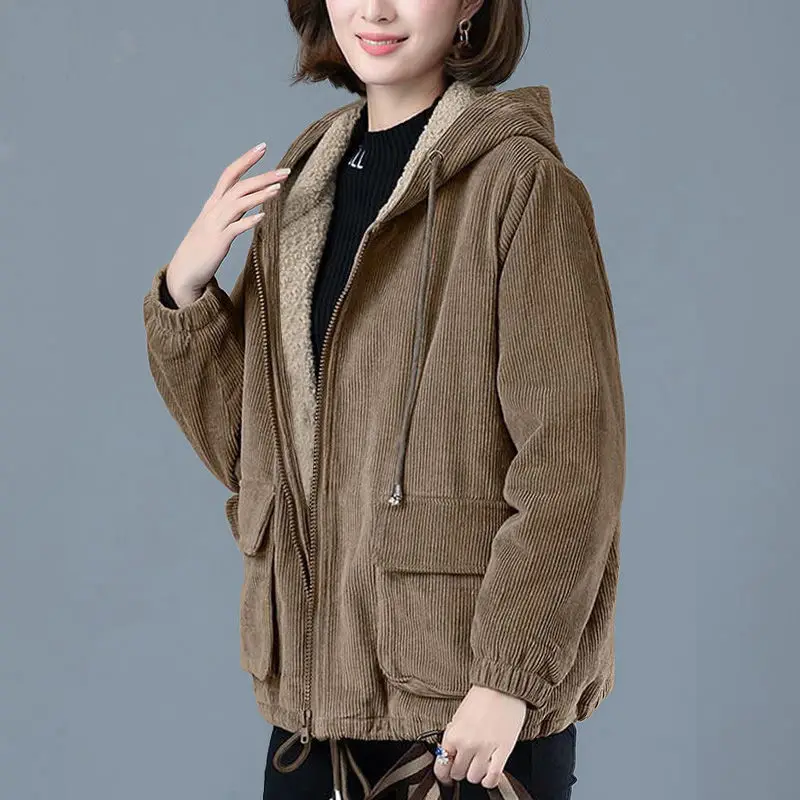 Coats Woman Winter Jackets Corduroy Tops Outwear Harajuku Retro Hooded Jacket Loose Cheap Wholesale Korean Fashion New