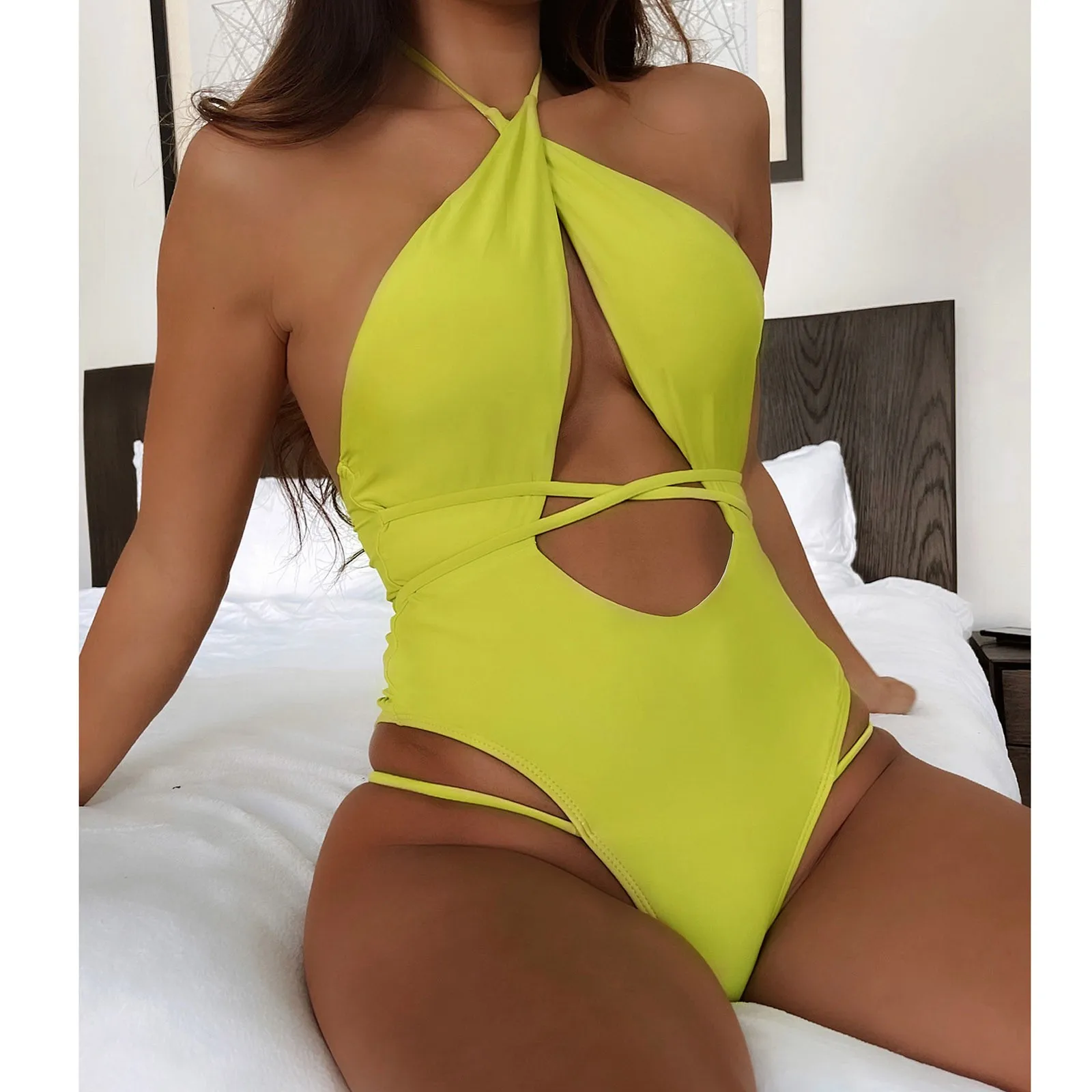 

Sexy One-piece Swimsuit Swimwear Women 2022 Bandage Backless Bikini Set Female Solid Color Swimsuit Green Hollow Out Bikini