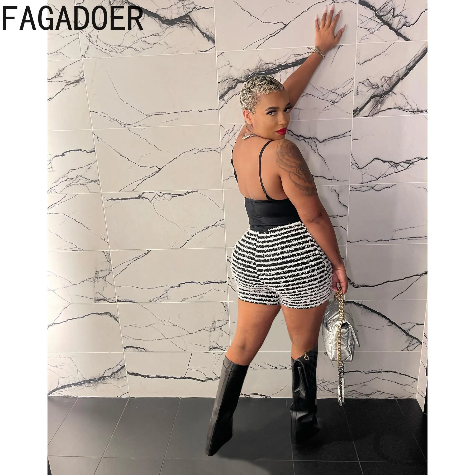 FAGADOER Fashion Stripe Printing Shorts Women High Waist Skinny Clothing Casual Solid Color Matching Bottoms Summer New Shorts
