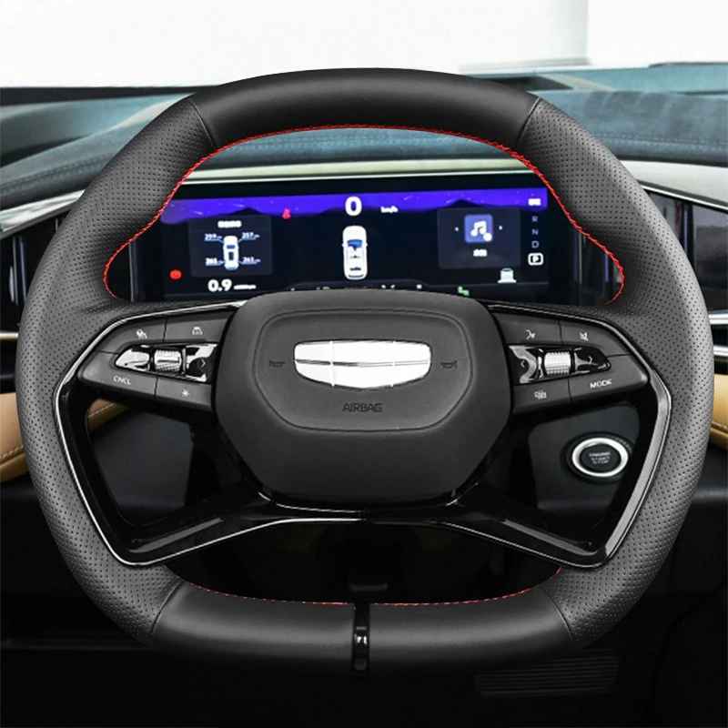 

DIY индивидуальный чехол на руль автомобиля с ручным шитьем для Geely Atlas Azkarra Atlas Pro, автомобильные аксессуары из натуральной кожи 38 см