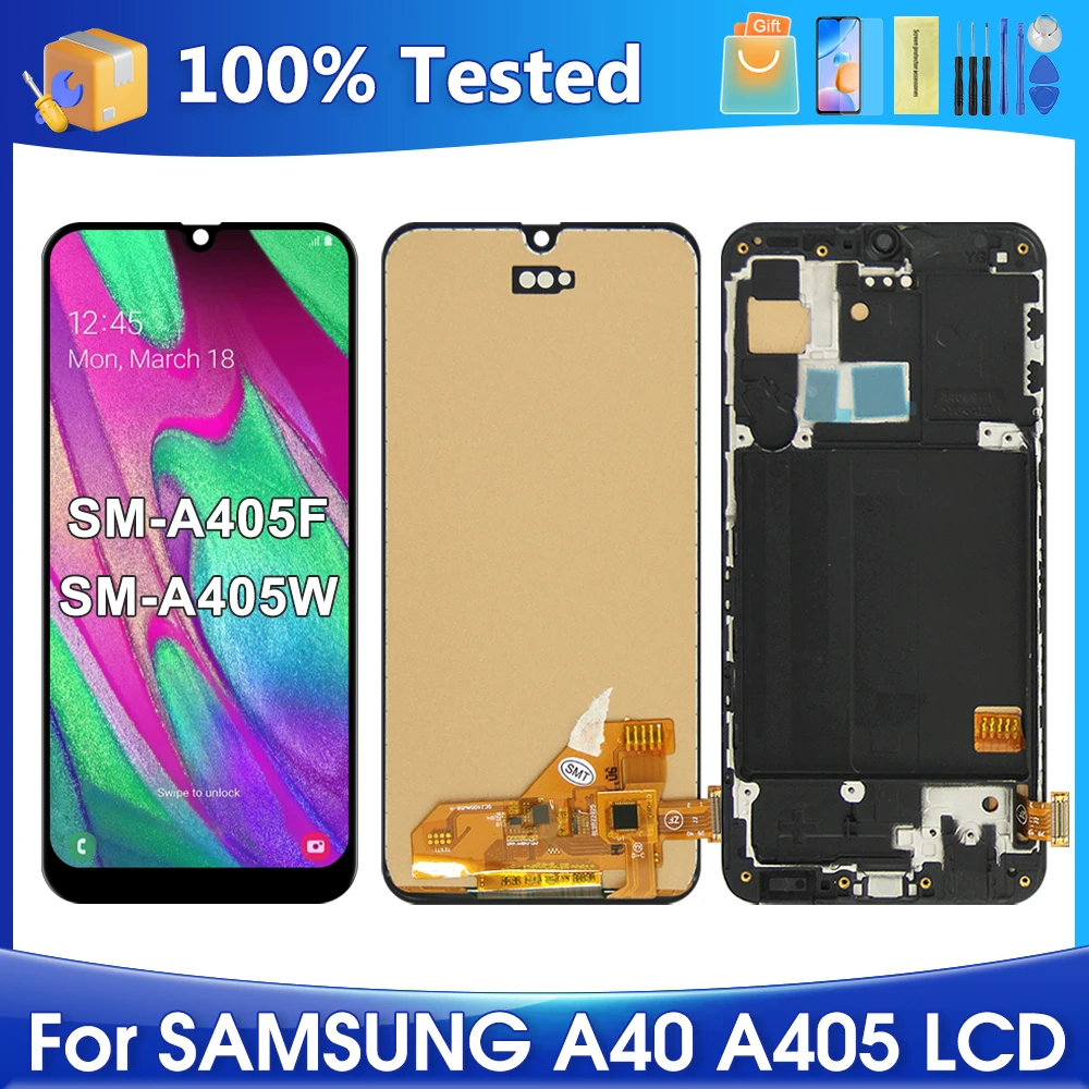 ЖК-дисплей A40 для Samsung Galaxy A40 A405F A405S, сенсорный экран с дигитайзером в сборе, запасные части с рамкой