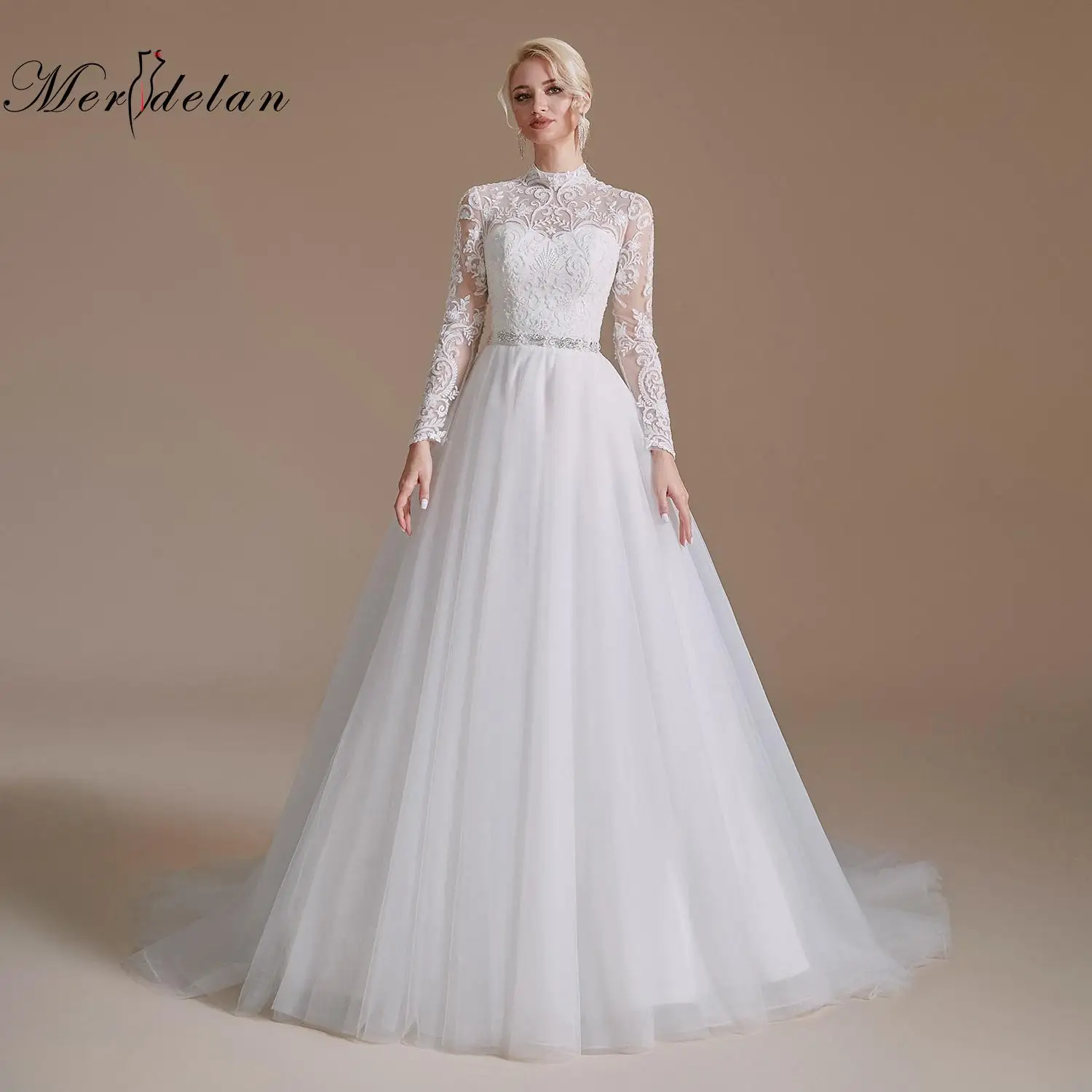 

Merdelan New Spring Lace Appliques Wedding Dresses Long Sleeve Vestidos De Novia 2022 White O-Neck Princess Bride Wedding Gowns