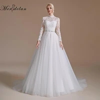 merdelan new spring lace appliques wedding dresses long sleeve vestidos de novia 2022 white o neck princess bride wedding gowns
