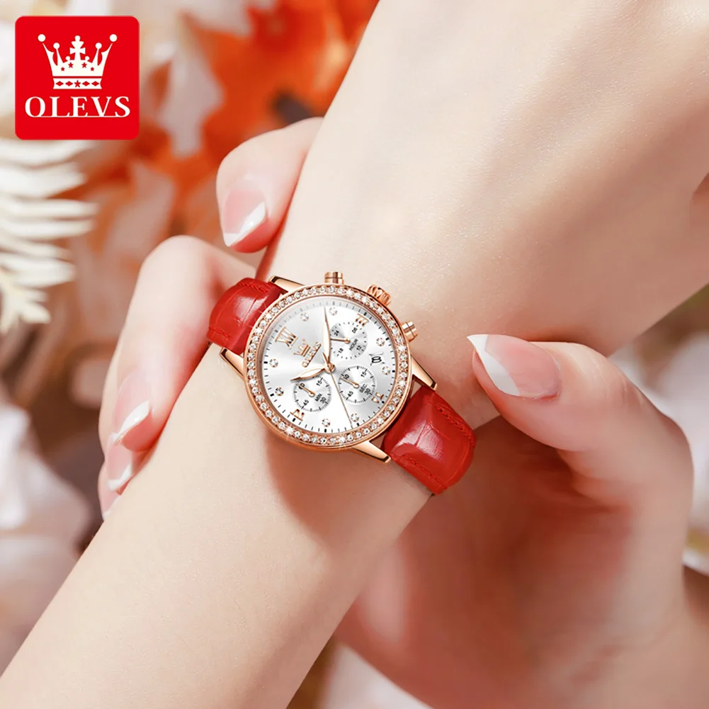 OLEVS 9933 Fashion Quartz Women Wristwatches Complication Simple Diamond PU Strap Waterproof Watch for Women Chronograph enlarge