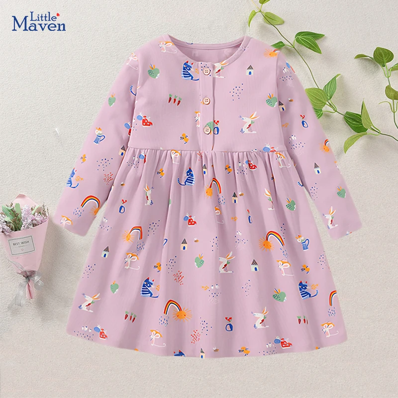 Хлопковое длинное фиолетовое платье Little maven для девочек детское с единорогом