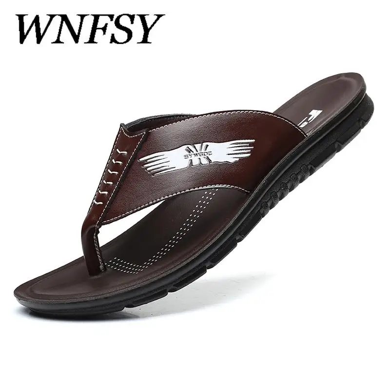 

WNFSY Big Size Hot Sale Flip Flops Men Summer leather Slippers Men Business Fashion Casual Beach Men Slippers Black
