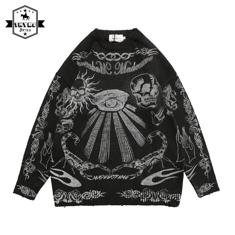 

Мужской свитер в стиле Хай-стрит, винтажные вязаные пуловеры в стиле граффити с черепом, женские хлопковые повседневные свободные бриллиантовые свитера в стиле Харадзюку