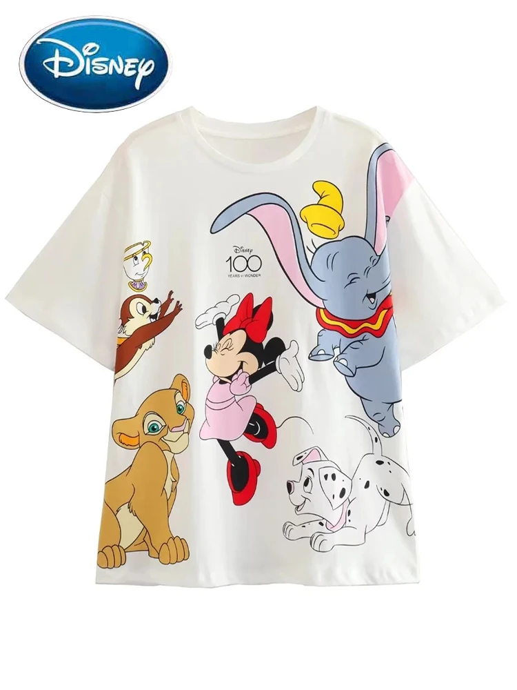 

Disney Castle 100th Anniversary Minnie Mouse Dumbo 101 Dalmatians Dog Letter Cartoon Print T-Shirt Women Short Sleeve Tee Tops