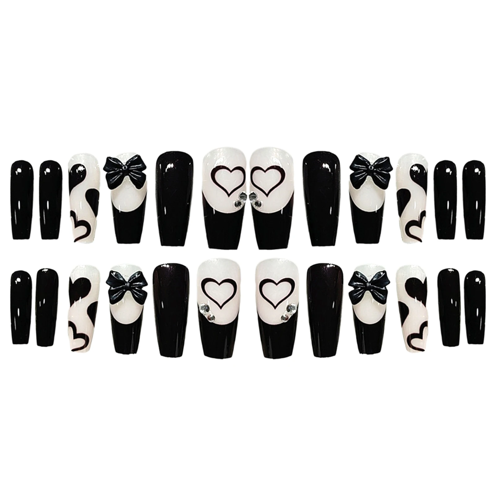 

24PCS Long Press On Nails Cute Black Bow Design Fake Nails Full Coverage Nail