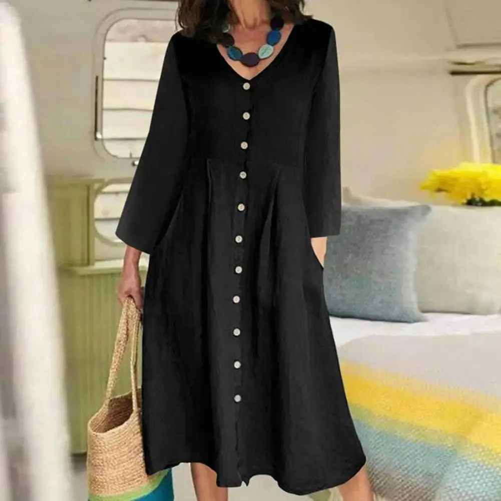 

Casual Loose Cut Dress Chic Comfortable Women's V-neck Midi Dresses with Button Detailing High Waist Pockets for Casual Wear