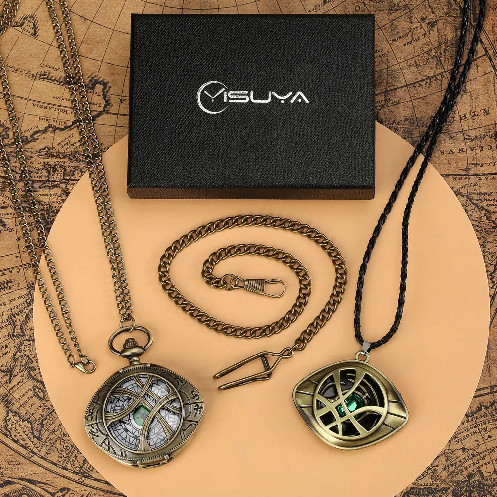Quartz Pocket Watch Necklace Gift Set for Men Hollow Green Eye Pendant Pocket Clock Retro Strange Souvenir Sweater Fob Chain