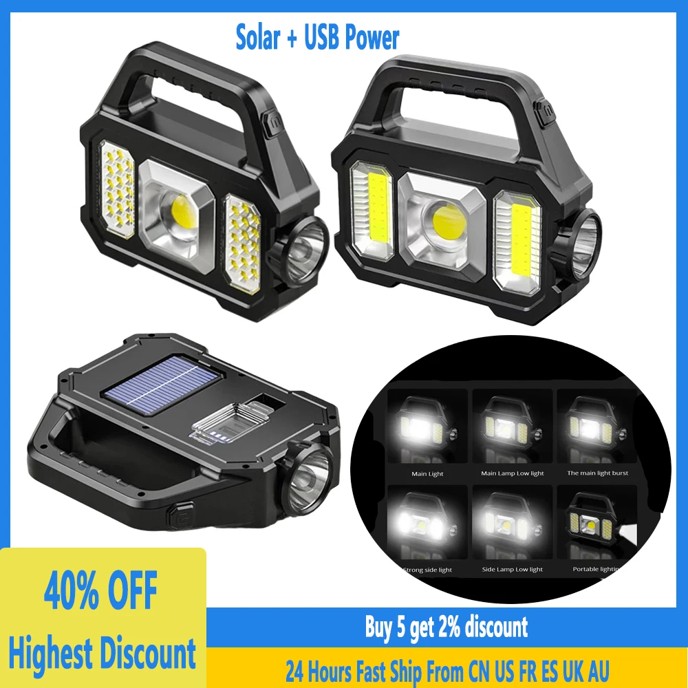 

500LM Solar Camping Flashlight Waterproof 6 Gear COB/LED Torch Light Portable Searchlight Rechargeable Lantern For Camping Hikin