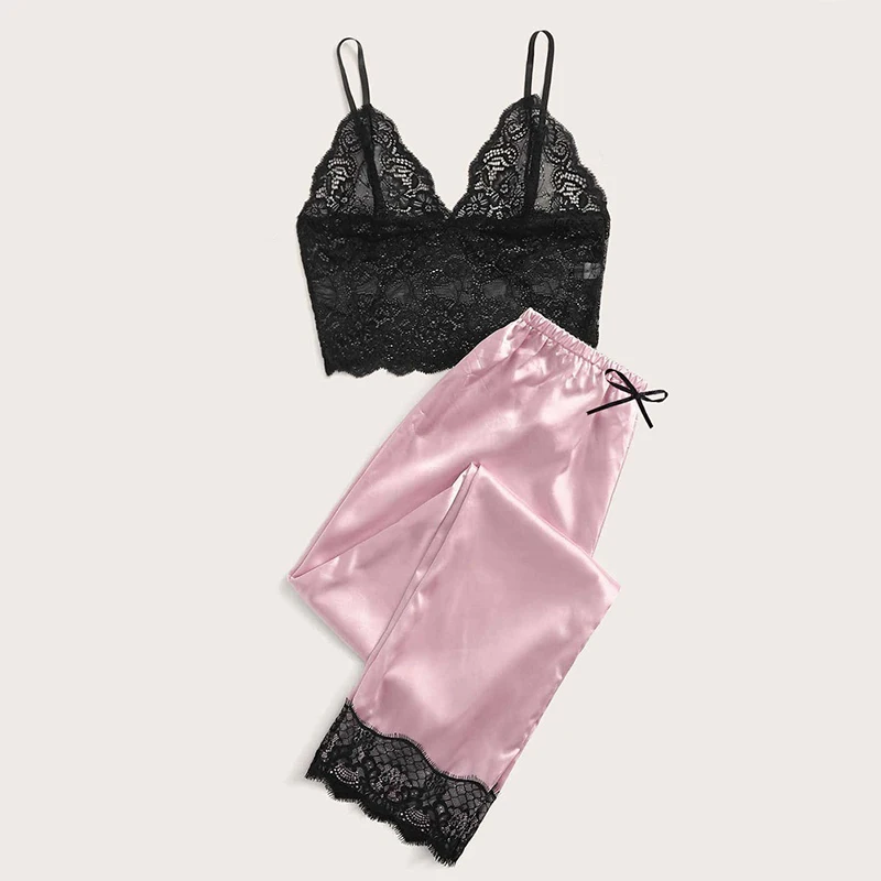 New Women Summer Sleepwear Sexy Pajama Set Lace Sleeveless Cami Top With Satin Pants Pajamas Female Nightwear Home Clothes Suit