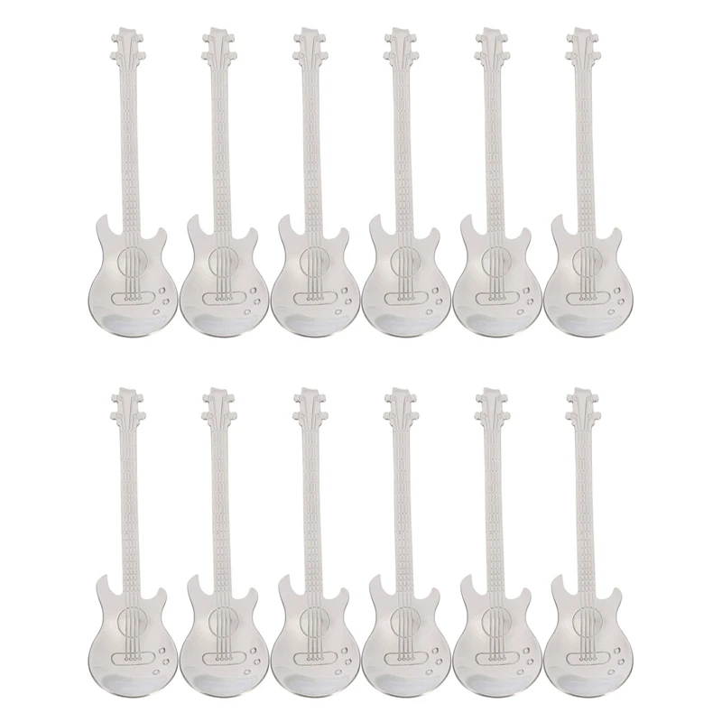 

JHD-гитарные кофейные ложки, 12 шт. в упаковке, Необычные милые столовые ложки, перемешивающая ложка в форме гитары (серебристый)