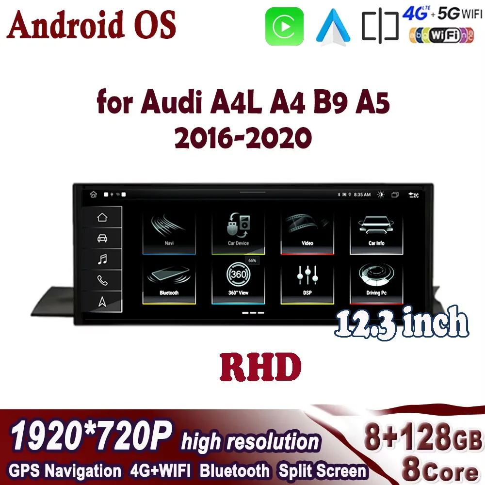 12 3-дюймовый RHD для Audi A4L A4 B9 A5 2016 2017 2018 2019 2020 Android 14 с сенсорным экраном