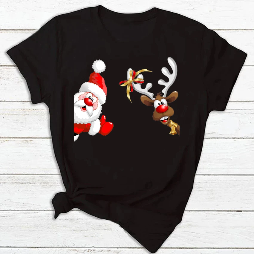 

Maycaur New Merry Christmas Women Tshirts Cute Tshirt Kawaii Aesthetic Santa Claus with Deer Printing Tops Holiday's Clothes Top