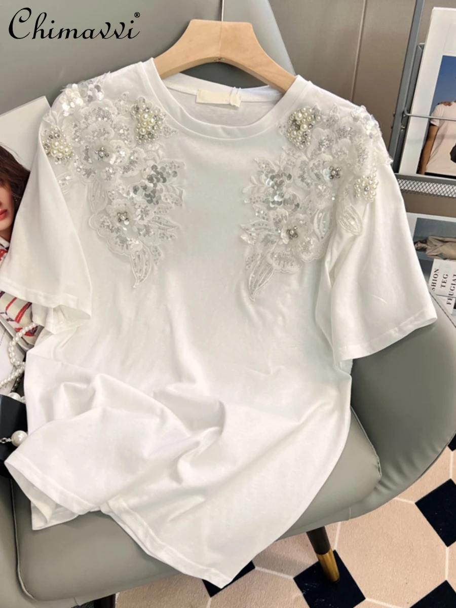 

Heavy Beads Sequined Embroidered Flower Round Neck Short Sleeve T-shirt 2022 Summer New Fashion Design Loose Slim Tshirts Tops