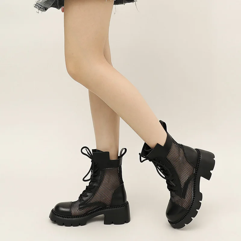 AIYUQI Cool Boots Female Genuine Leather 2023 New Vintage Hollow Out Female Ankle Boots Mesh Gauze Summer Boots Short Female