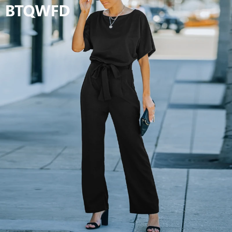 Jumpsuit Women 2022 New Romper Summer Playsuit Clothing Female Black O Neck Blue Long Pants With Belt Short Sleeve High Quality