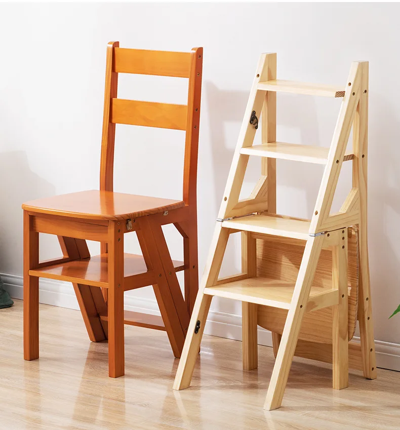 

4 Step Ladder Stool Solid Wood Stair Chair for Home Folding Dual-use Multifunctional Ladder Anti-slip Safety Herringbone Ladders