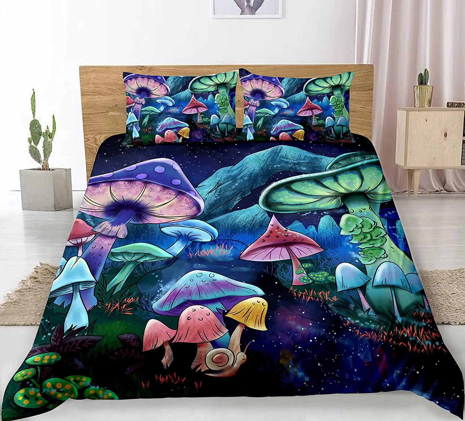 

Wild Mushroom Duvet Cover Set Burgundy Plant Bedding Set for Kids Comforter Cover Soft Polyester King Queen Size with Pillowcase