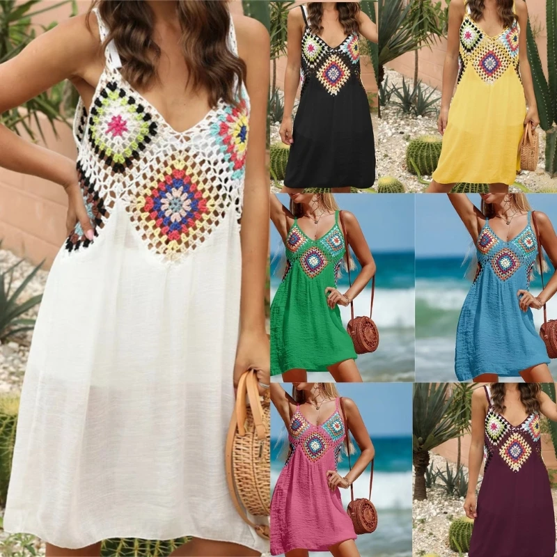 

Женская пляжная одежда, сексуальное пляжное платье с V-образным вырезом, модная накидка кроше в стиле пэчворк